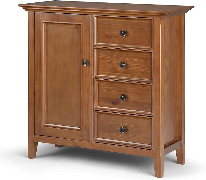 SIMPLIHOME Amherst 37-inch Wide Solid Wood Transitional-Style Storage Cabinet in Light Golden Brown, Cabinet with 4 Drawers and Adjustable Shelves for Living Room or Entryway