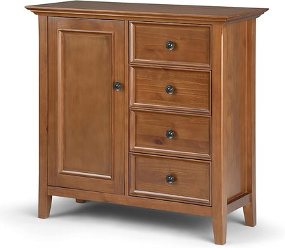 SIMPLIHOME Amherst 37-inch Wide Solid Wood Transitional-Style Storage Cabinet in Light Golden Brown, Cabinet with 4 Drawers and Adjustable Shelves for Living Room or Entryway