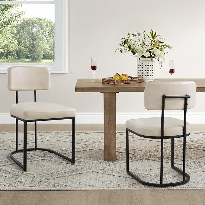 KISLOT Dining Chairs Set of 2, Upholstered Modern Kitchen Chairs with Ergonomic Backrest, Faux Leather Cushion Seat & Metal Legs for Living Room, Restaurant, and Café, Cream