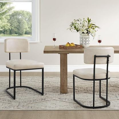 KISLOT Dining Chairs Set of 2, Upholstered Modern Kitchen Chairs with Ergonomic Backrest, Faux Leather Cushion Seat & Metal Legs for Living Room, Restaurant, and Café, Cream