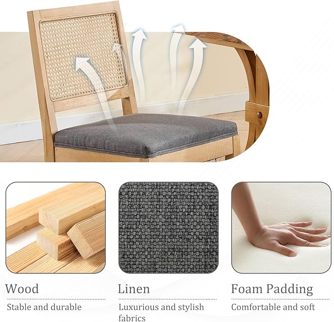 Modern Wooden Dining Chair Set of 4, Farmhouse Kitchen & Dining Room Chair with Solid Wood Legs, Rattan Upholstered Kitchen Chairs for Restaurant/Living Room (Gray, Set of 4)