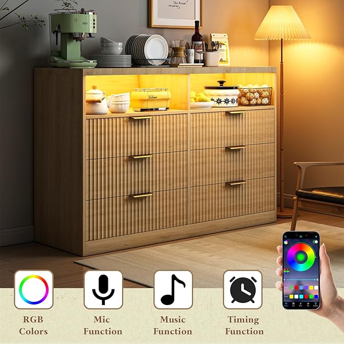 Coffee Bar Cabinet with Charging Station and Lighting, 47" Wide Wood Fluted Storage Cabinet with 6 Drawers and Open Shelves, Natural Oak