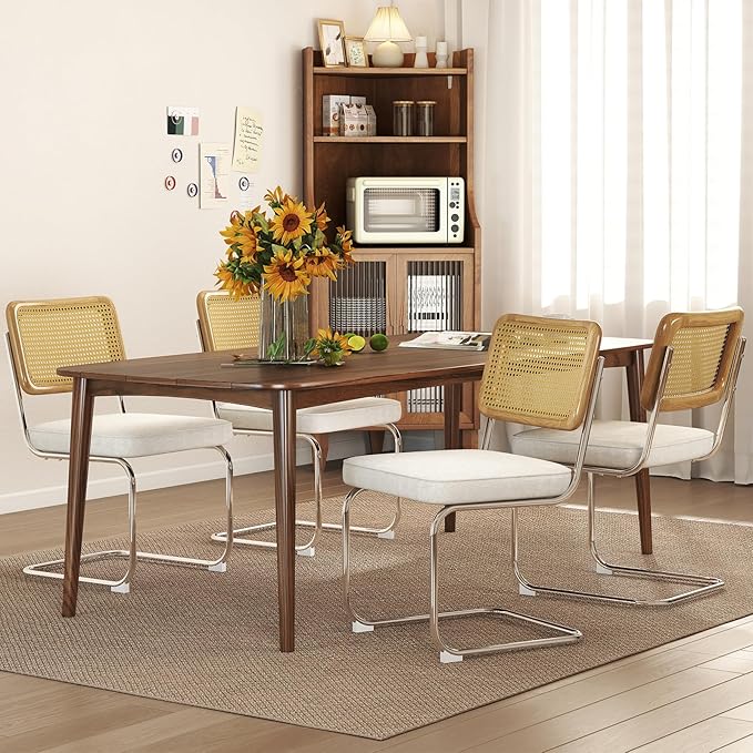 Rattan Back Velvet Dining Chair Set of 4 Modern Stainless Chrome Base Armless Upholstered Side Chair for Dining Room, Kitchen Island, Beige
