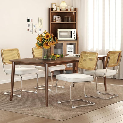 Rattan Back Velvet Dining Chair Set of 2 Modern Stainless Chrome Base Armless Upholstered Side Chair for Dining Room, Kitchen Island, Beige