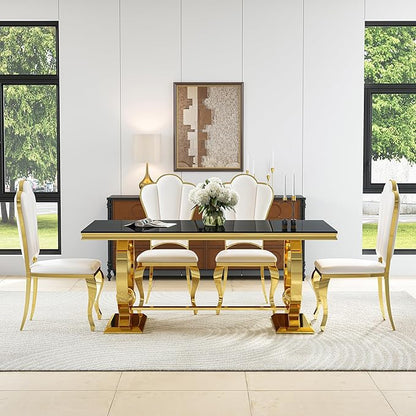 7-Piece Modern Luxury Dining Table Set, 70" Black Tempered Glass Kitchen Table with Gold Polished Stainless Steel U-Shaped Pedestal Base and 6 White Upholstered High-Back Side Chairs for Dining Room