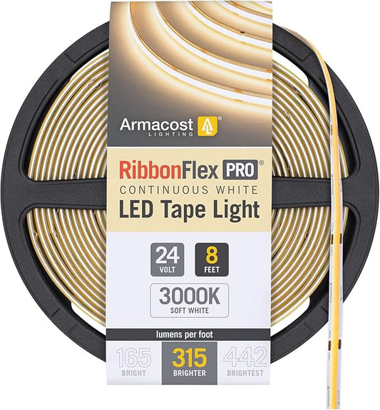 Armacost Lighting RibbonFlex Pro 24V White COB LED Strip Light Tape 3000K, 315 Lumens/Ft, 2.5M 172210