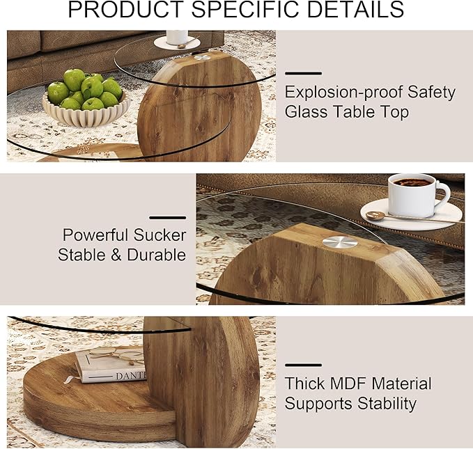 Glass Coffee Table, Modern Round Glass Coffee Table with Wooden Base, 3 Tier Round Coffee Table, Clear Cocktail Table with Storage for Living Room, Office, Balcony (42″ Wood)
