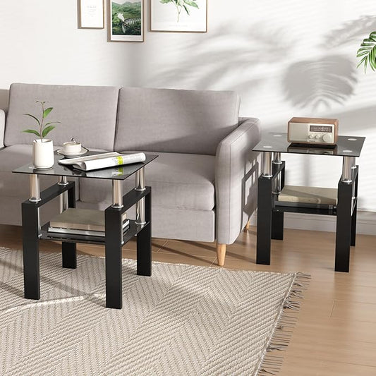 IANIYA 2PCS Modern Glass End Table, 2-Tier Side Table with Tempered Glass Top & Metal Legs, Night Stand Corner Table for Living Room, Bedroom,All Black