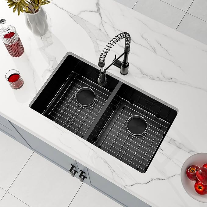 Double Bowl Black Kitchen Sink 31" X 18",50/50 Double Bowl Undermount Kitchen Sinks,16 Gauge Stainless Steel Undermount Black Sink