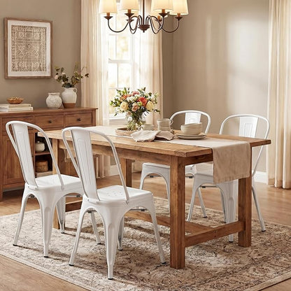 Shahoo Metal Dining Chairs Classic Iron Stackable Industrial Vintage Trattoria with Back, Indoor-Outdoor Side Settee for Home Bistro Cafe Kitchen Restaurant Set of 4, White