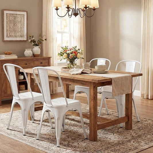 Shahoo Metal Dining Chairs Classic Iron Stackable Industrial Vintage Trattoria with Back, Indoor-Outdoor Side Settee for Home Bistro Cafe Kitchen Restaurant Set of 4, White