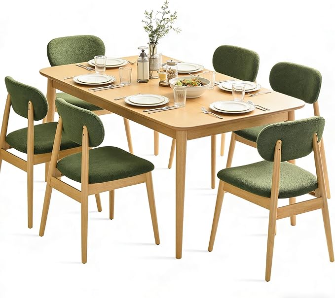 Wooden Dining Chairs Set of 6, Farmhouse Boucle Upholstered Kitchen Chairs, Step-By-Step Video Guide for Assembly, Green