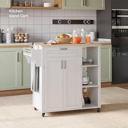 YITAHOME 37" Rolling Kitchen Island Cart with Storage, Butcher Block Island on Wheels, Mobile Kitchen Storage Carts with Shelves & Spice Rack, White
