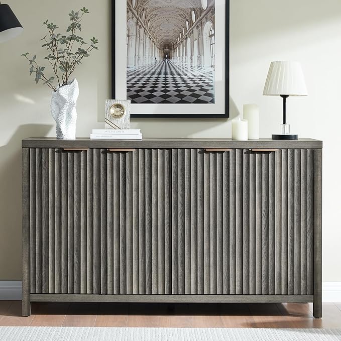 OAKHAM HOME Fluted Sideboard Buffet Cabinet with Storage, 56" Large Buffet Modern Credenza with Adjustable Shelves, Farmhouse Media Console Storage Cabinets for Living Room Entryway, Black