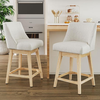 Counter Height Bar Stools Set of 2, Modern Swivel Barstools with Back and Wood Legs, Linen Fabric Upholstered Counter Height Stools, 26" H Kitchen Island Stools, Home Bar, Pub, Ivory