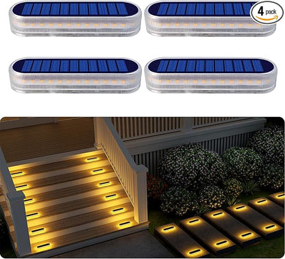 DetarZinLED Solar Step Lights Outdoor Waterproof LED, 4 Pack Warm White Flat Solar Powered Deck Lights for Outside, Stick on Light Bar for Stair, Dock, Patio, Garden, Path, Walkway, Driveway, Porch