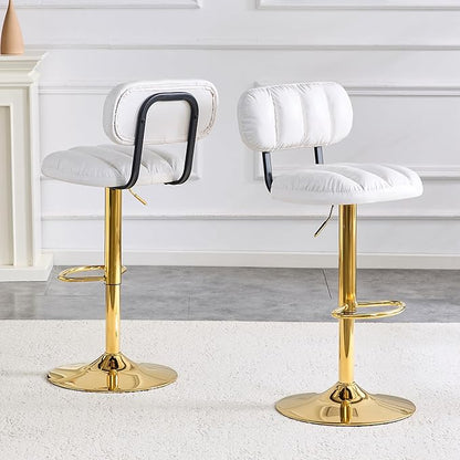 Set of 2 Adjustable Height Bar Stools, White PU Leather Upholstered Seating with Gold Metal Base Footrest, Stools for Kitchen Island, Home Bar, Living Room
