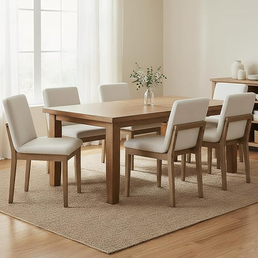 Farmhouse Kitchen Dining Room Chairs Set of 6 with Rectangle Backrest Mid Century Linen Fabric Upholstered Dining Room Parsons Chairs for Kitchen Island/Living Room/Dining Table, Beige