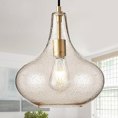 CATINER Handcrafted 11-Inch Mid-Century Modern Brass Gold Pendant Light with Seeded Glass Shade - Elegant Dining Room Pendant Light
