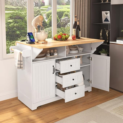 Modern Dining Table 55.7'' Large Kitchen Island with 2 Drop, Rolling Cart on 5 Wheels with Power Outlet, Folding Dining Table with Spice Rack, 3 Drawers, Console,White-MDF