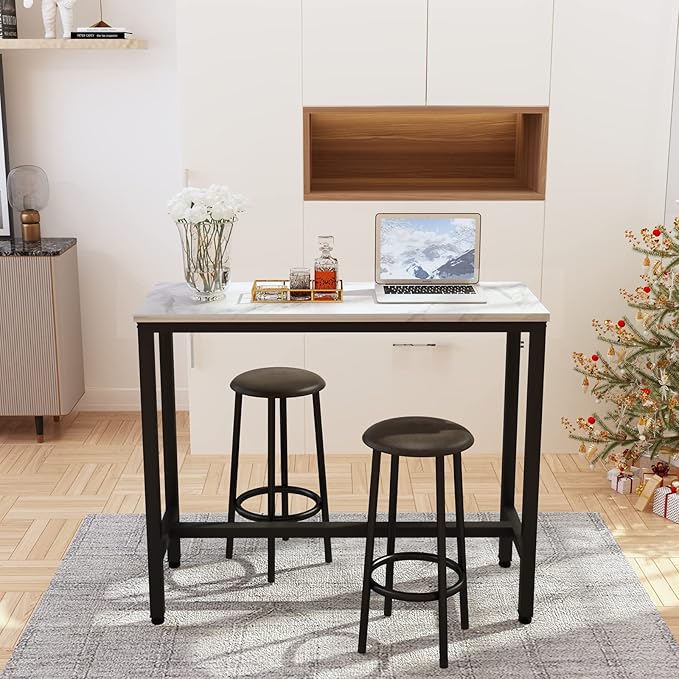 AWQM 47.2" Bar Table Set of 2,Faux Marble Pub Height Table and Chairs Set of 2 with Upholstered Stools,3 Piece Bar Table and Chairs Set Dining Table Set for Living Room,Kitchen,Bar,White & Brown