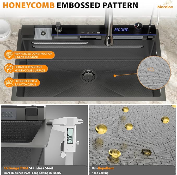 Mocoloo 33 Inch Black Honeycomb Waterfall Kitchen Sink Drop in, 33x19 Inch Stainless Steel Workstation Sink 16 Gauge Topmount Single Bowl Sink with Complete Kit