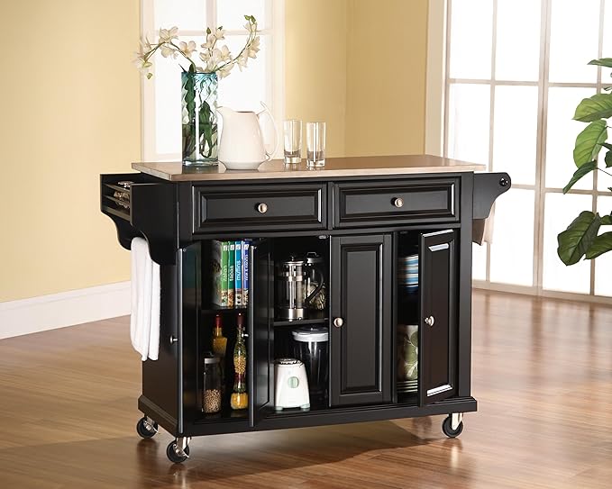 Crosley Furniture Full Size Stainless Steel Rolling Kitchen Island Storage Cart, Microwave Stand, Spice Rack, Black