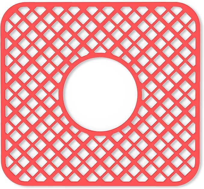 2 Pack Silicone Sink Protector for Kitchen Sink, Trellis Pattern 12 x 11" Sink Grid Mat Silicone Protectors, Center Drain, Red