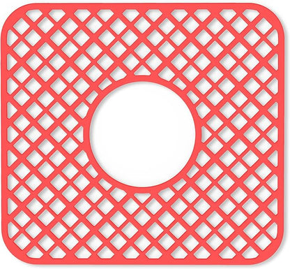 2 Pack Silicone Sink Protector for Kitchen Sink, Trellis Pattern 12 x 11" Sink Grid Mat Silicone Protectors, Center Drain, Red