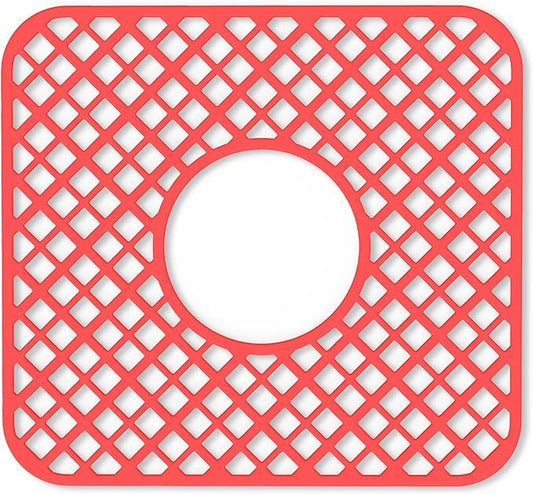 2 Pack Silicone Sink Protector for Kitchen Sink, Trellis Pattern 12 x 11" Sink Grid Mat Silicone Protectors, Center Drain, Red