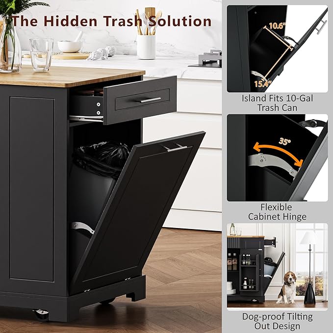 Modern Dining Table Kitchen Island with, Fluted Drawers, Power Outlet, Shelves, Mobile Rolling Cart with Trash Can Cabinet, 3 Drawers and Open Side Racks,Black-MDF