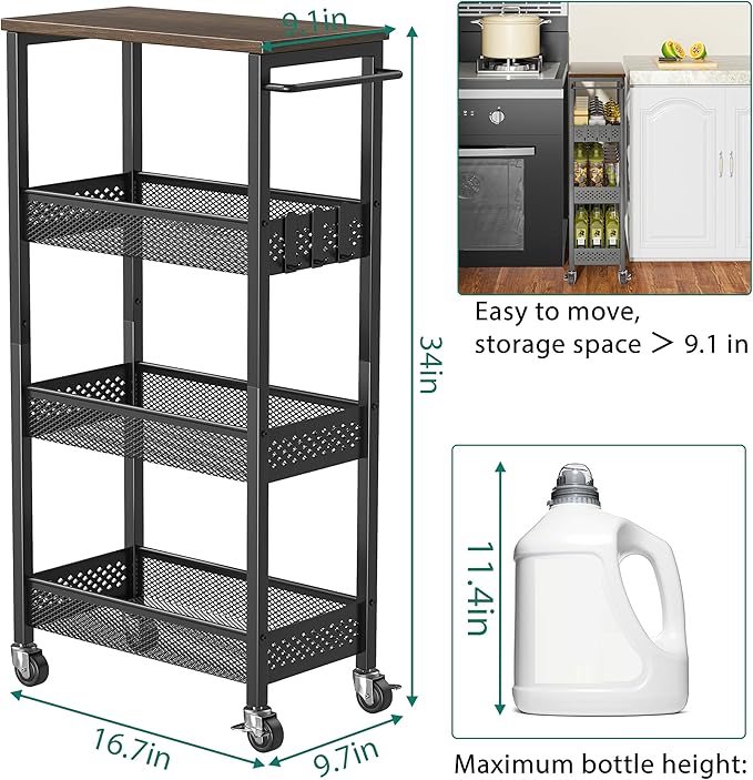XYZLVSI Slim Storage Cart 4 Tier Fruit and Vegetable Baskets for Kitchen Small Space, Narrow Laundry Cart on Wheels with Wooden Top and Metal Handle for Pantry, Bathroom, Laundry Room