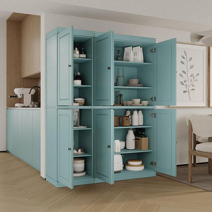 Palace Imports Solid Wood Kitchen Pantry Cabinet 71.5" Tall, 48.5" Wide – Freestanding Storage Cupboard with Adjustable Shelves – Aqua, Renewable Eco-Friendly 100% Wood, Made in Brazil