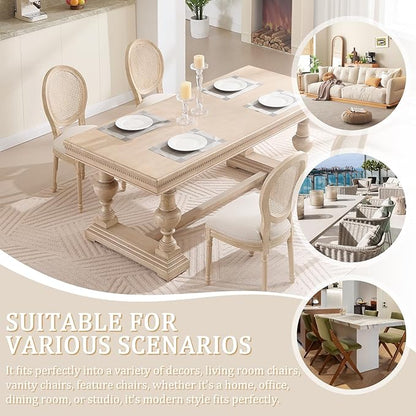 French Country Dining Chairs Set of 4, Upholstered Rattan Dining Chair with Round Backrest, Farmhouse Vintage Dining Chairs for Living Room, Kitchen, Restaurant (Beige-Rattan, Set of 4)