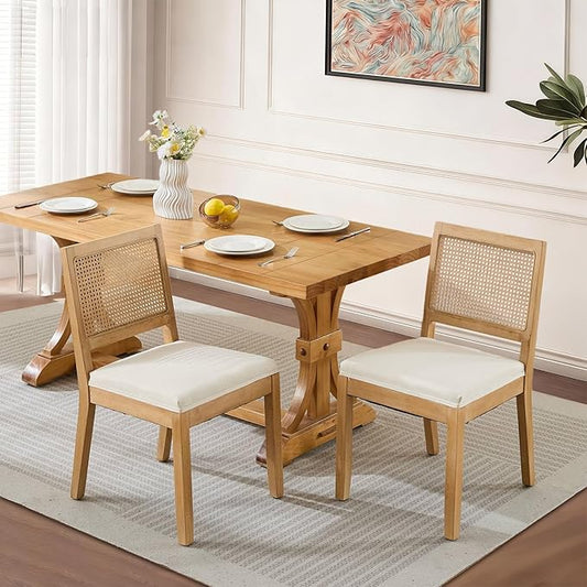 SoarFlash Kitchen French Dining Chairs Set of 2, Vintage Dining Chairs with Rattan Backrest, Wooden Framehouse Chairs for Living Room, Restaurant, Beige