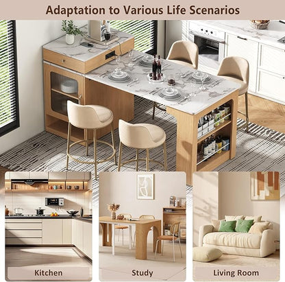 Domesto 59.5" Kitchen Island with Extendable Dining Table,Kitchen Storage Table with Double-Sided Storage, Kitchens Island with 2 Drawers, Power Outlet, Side Open Shelves (Naturl)