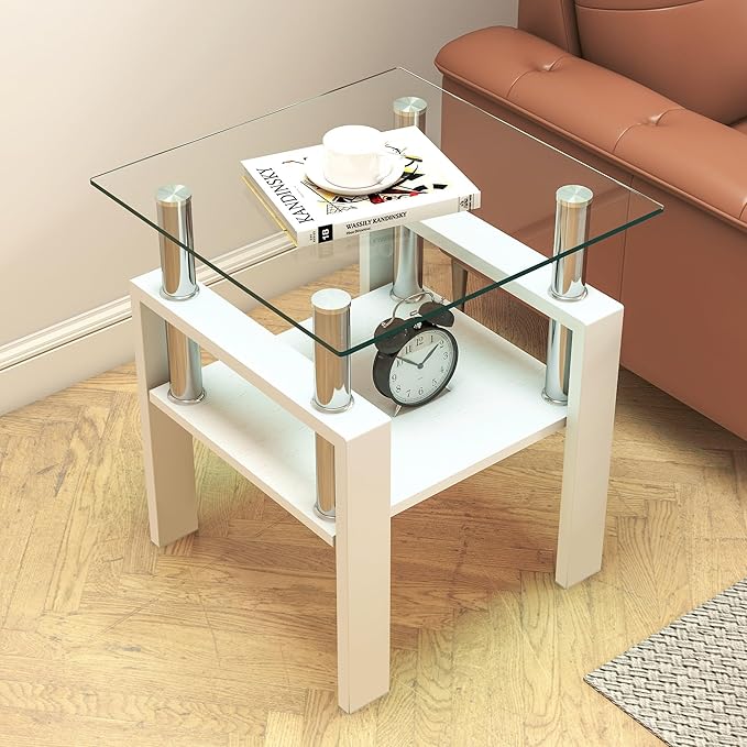 Set of 2 Glass End Table, 2-Layer Glass Living Room Table, Modern Tea Table Side Tables for Home Office Furniture