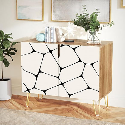 SIGNWIN Sideboard Buffet Cabinet, Kitchen Storage Cabinet with 2 Doors, Black & White Pebble Tile Patterns, Cupboard Console Table for Dining Room - 35" L x 18" W x 29" H