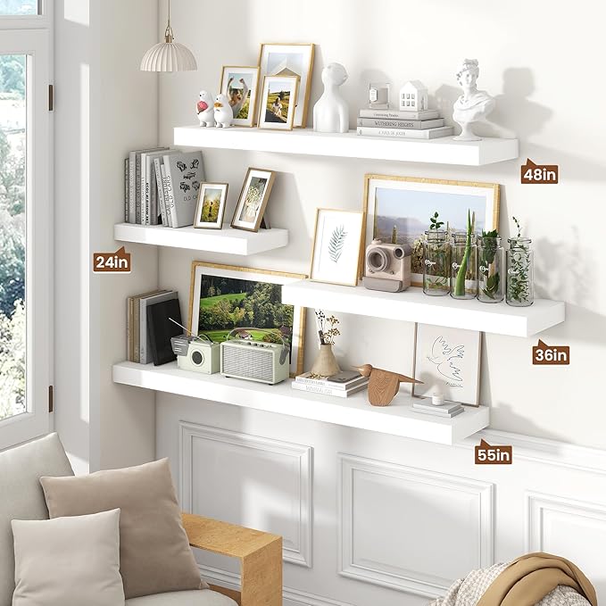 Heimlove 36 Inch White Floating Shelves for Wall,10 Deep Wood Shelves with Invisible Brackets,Wall Mounted Storage & Display Shelves for Bedroom,Living Room,Kitchen,Office