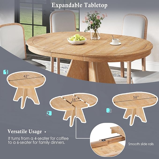 Merax Vintage Extendable Dining Table Set for 4-6 People, Rustic Farmhouse Kitchen Table with 4 Upholstered Chairs, 42 to 58 Inch Drop-Leaf Table with Distressed Finish, Natural Wood Wash