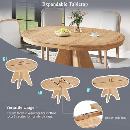 Merax Vintage Extendable Dining Table Set for 4-6 People, Rustic Farmhouse Kitchen Table with 4 Upholstered Chairs, 42 to 58 Inch Drop-Leaf Table with Distressed Finish, Natural Wood Wash