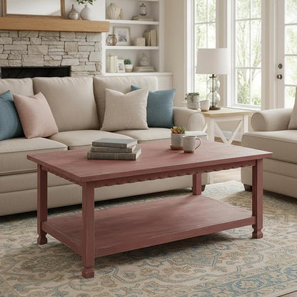 Rustic Rectangluar Coffee Table w/ 1 Shelf, Red Antique, Distressed Finish, Farmhouse Style, Accent Home Decor Living Room Furniture, Hardwoods (Pine/Acacia), Durable, 42 in. W x 24 in. D x 18 in. H