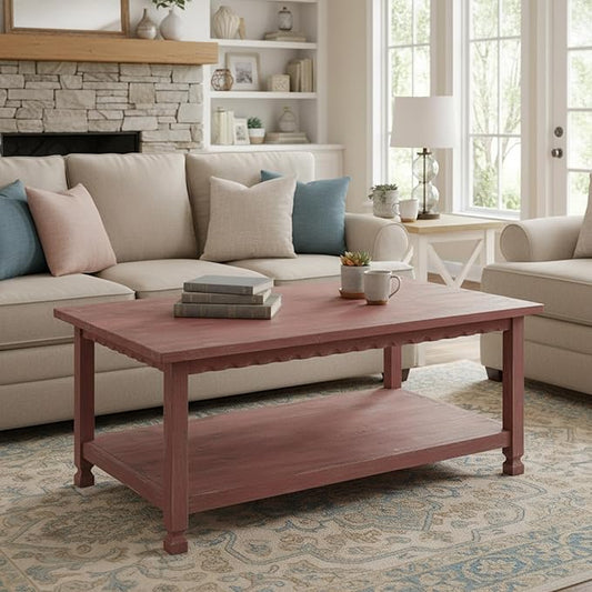 Rustic Rectangluar Coffee Table w/ 1 Shelf, Red Antique, Distressed Finish, Farmhouse Style, Accent Home Decor Living Room Furniture, Hardwoods (Pine/Acacia), Durable, 42 in. W x 24 in. D x 18 in. H