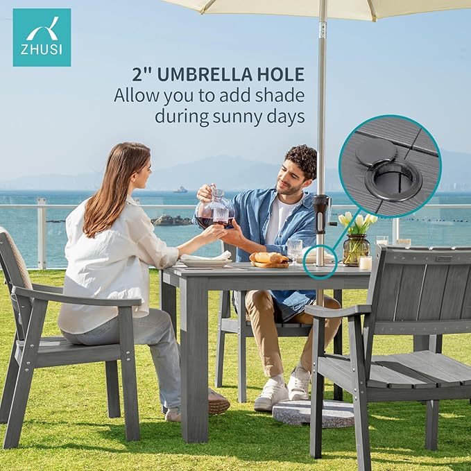 ZHUSI Patio Table and Chairs Set,HDPE Outdoor Dining Set with Umbrella Hole for Backyard, Poolside, Porch,All Weather,Grey