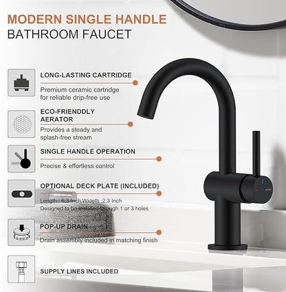 KENES Matte Black Bathroom Sink Faucet, Bathroom Faucets Single Handle Modern Prep Wet Bar Sink Faucets with Drain Assembly & Deck Plate, Farmhouse RV Camper Outdoor Utility Faucet, KE-9005B-2