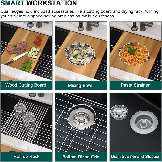 28 Black Undermount Kitchen Sink - Granite Composite Single Bowl Workstation All-In One Classic Quartz Kitchen Sink with Mixing Bowl, Pasta Strainer and Cutting Board #TLGU-127