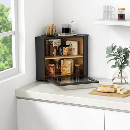 Goozii Corner Bread Box for Kitchen Countertop, Black Bread Storage Container for Homemade Bread, Two Layer Breadbox under Cabinet Mount, Large Bread Holder for Kitchen Counter, Pantry Shelf