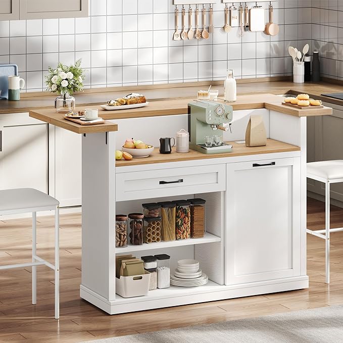 Kitchen Island with Seating, Rolling Kitchen Islands with Storage, 55" W Large Island Table, Breakfast Bar Counter with Drop Leaf, Trash Can Cabinet, Power Outlet for Dining Room, White