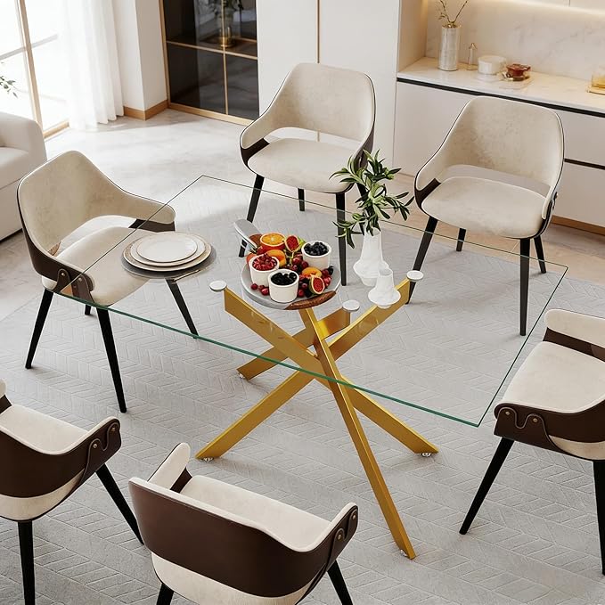 51.18" Rectangular Glass Dining Table, Tempered Glass Small Kitchen Table with Metal Tubular Legs, Stylish and Sturdy Gold Dinner Table for Home and Outdoor