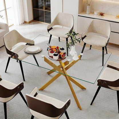 51.18" Rectangular Glass Dining Table, Tempered Glass Small Kitchen Table with Metal Tubular Legs, Stylish and Sturdy Gold Dinner Table for Home and Outdoor